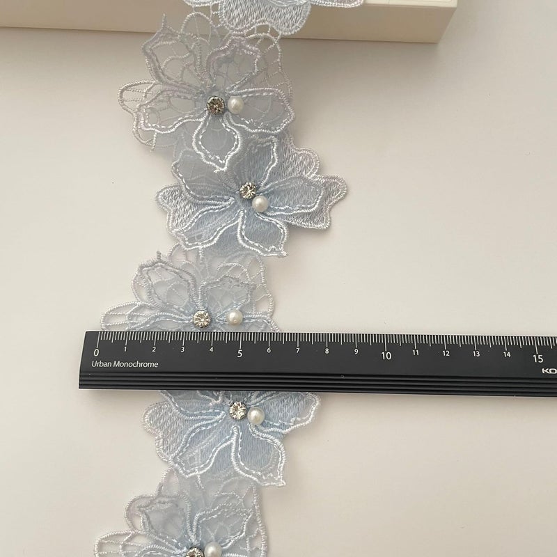 Buysk 2 Yards 3D Pearl Beads Flower Lace Trim Ribbon Floral Applique Embroidered Lace Fabric for Sewing DIY Crafts (Blue) - Image 3